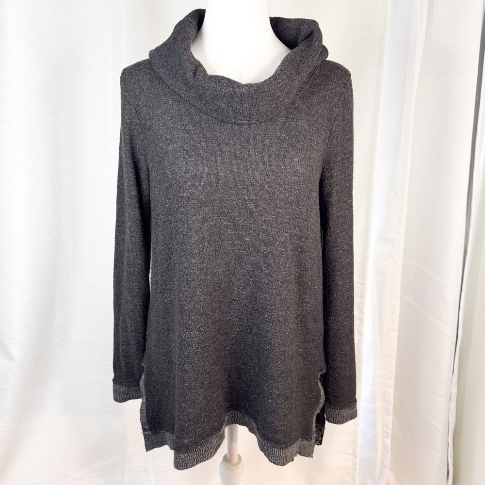 Maeve Anthropologie Cowl Neck Swing Sweater Med Raw Hem Gray Tunic Lagenlook EUC